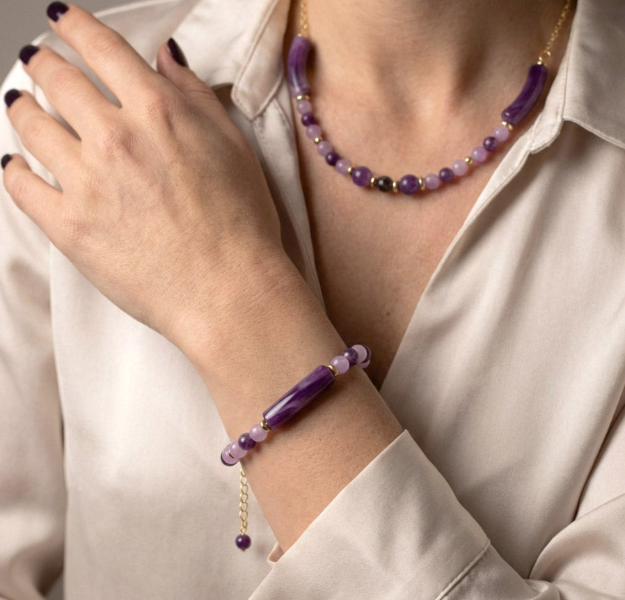 Amethyst Naturstein Halskette & Armband – Handgefertigtes Schmuckset