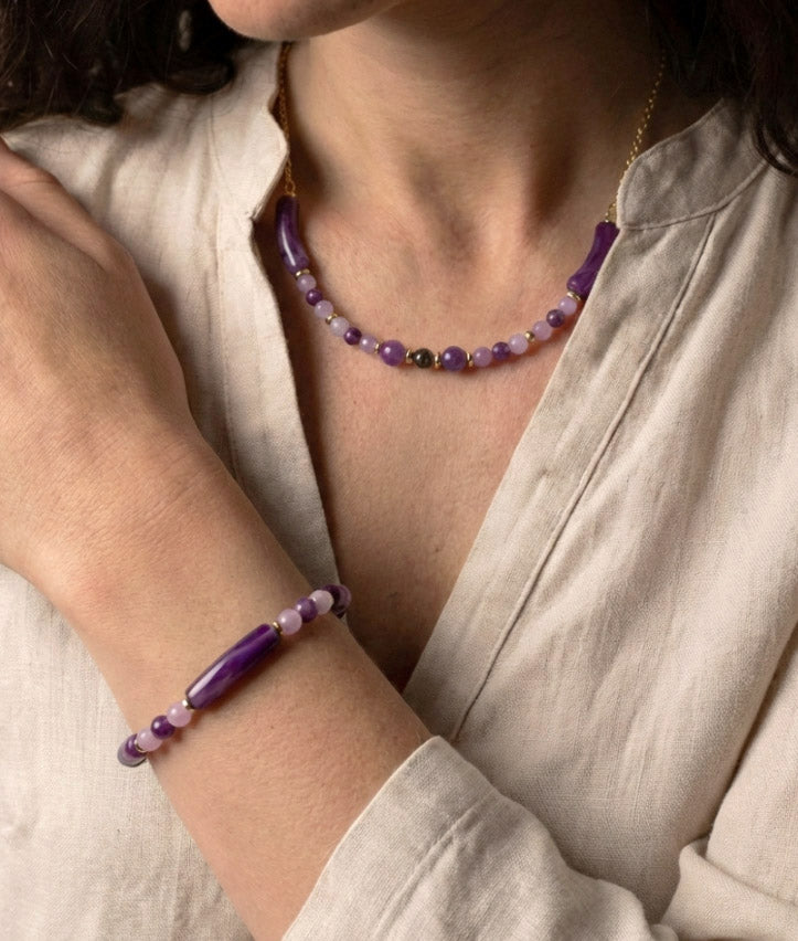 Amethyst Naturstein Halskette & Armband – Handgefertigtes Schmuckset