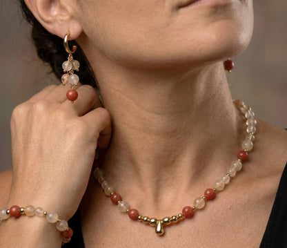 Sonnenstein Naturstein Schmuckset – Kette, Armband & Ohrringe | Handgefertigt