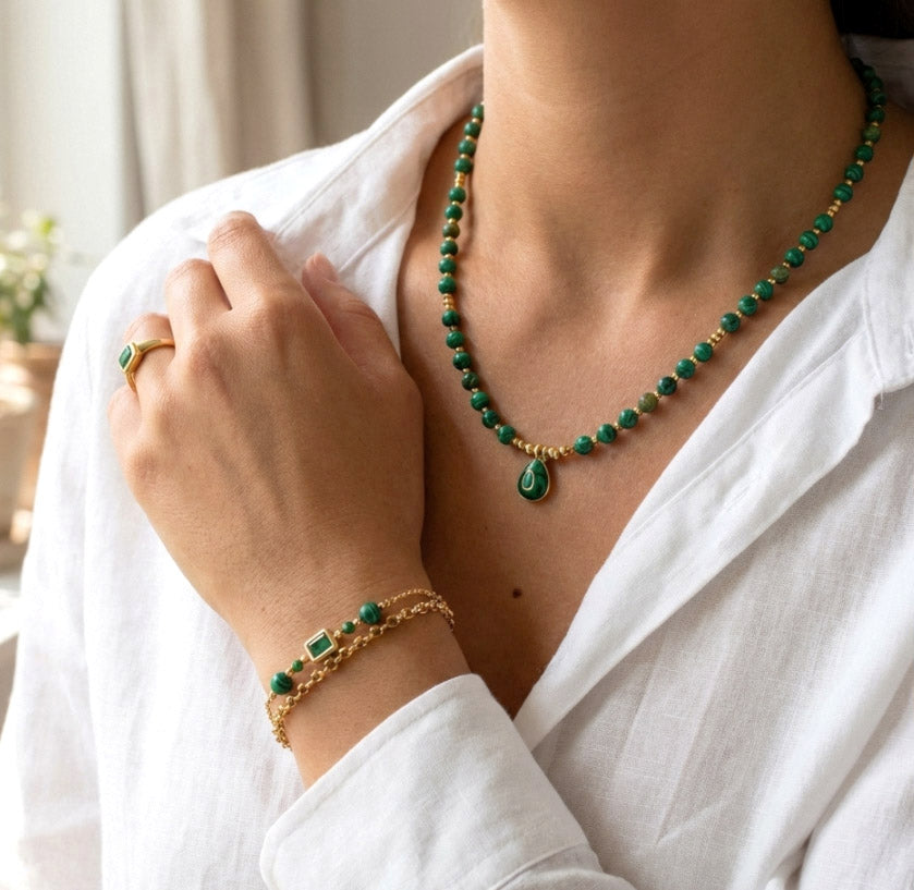 Malachit Naturstein Schmuckset – Perlenkette & Armband - Handgefertigt