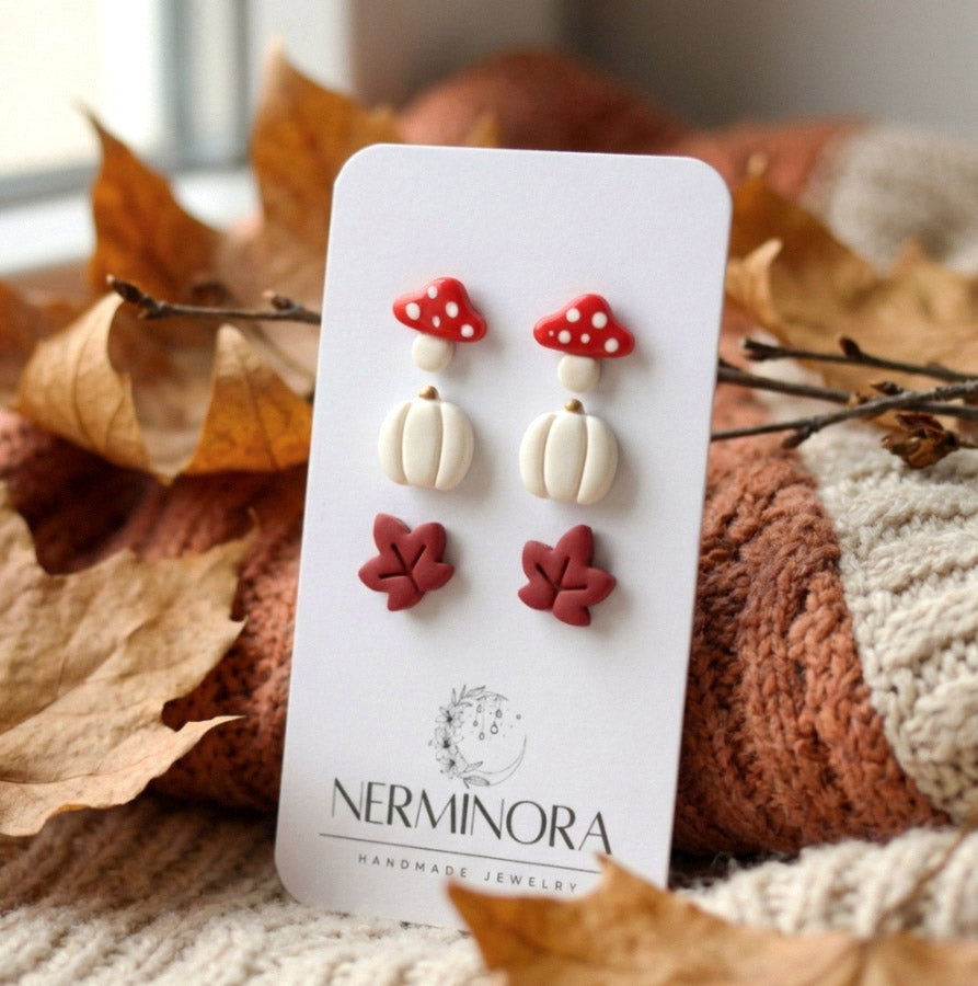 Herbst Trio – Tiny Stud Set (Kürbis, Pilz, Blatt) – Polymer Clay Ohrstecker