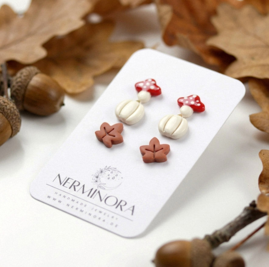 Herbst Trio – Tiny Stud Set (Kürbis, Pilz, Blatt) – Polymer Clay Ohrstecker