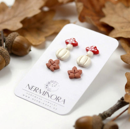 Herbst Trio – Tiny Stud Set (Kürbis, Pilz, Blatt) – Polymer Clay Ohrstecker