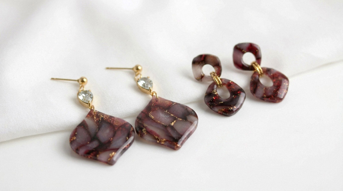 Bordeaux Rote Marmor Ohrringe – Elegante Polymer Clay Statement Ohrringe