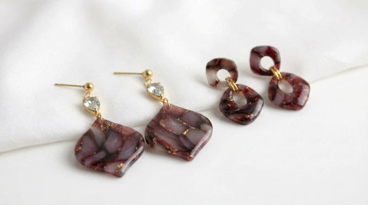 Bordeaux Rote Marmor Ohrringe – Elegante Polymer Clay Statement Ohrringe