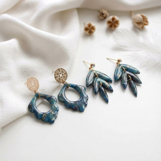 Grün Schwarz Gold Marmor Ohrringe – Handgefertigte Polymer Clay Statement