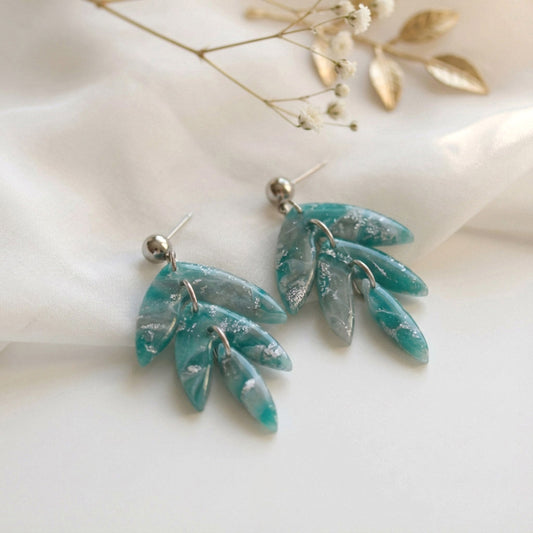 Grün-Silber Marmor Ohrringe – Handgefertigte Polymer Clay Statement