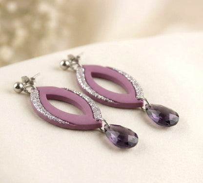 Elegante Lila Kristall Ohrringe – Handgefertigte Polymer Clay Statement