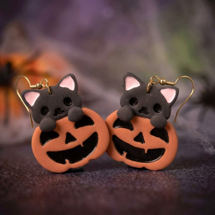 Kürbis-Katzen Ohrringe – Süße handgefertigte Ohrringe | Halloween Edition