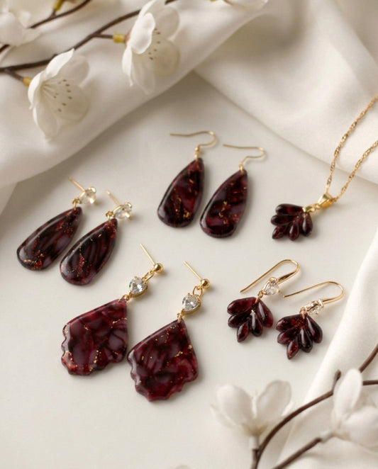 Bordeauxrote Marmor Ohrringe & Halskette mit Zirkonia – Elegantes Set | Kollektion Seraya