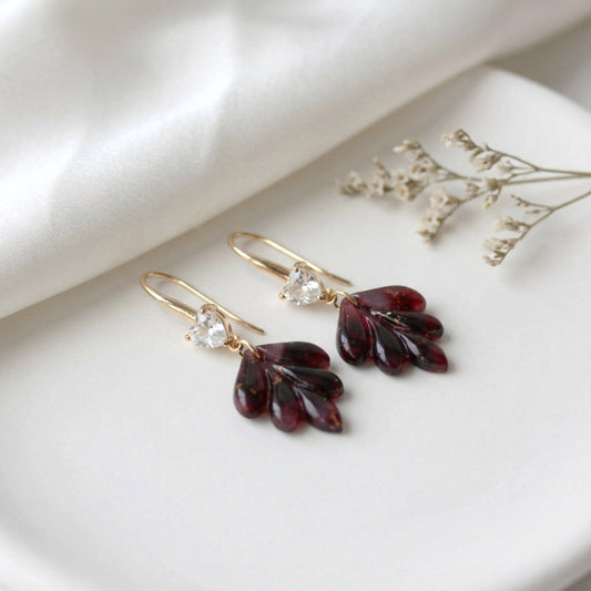 Bordeauxrote Marmor Ohrringe & Halskette mit Zirkonia – Elegantes Set | Kollektion Seraya