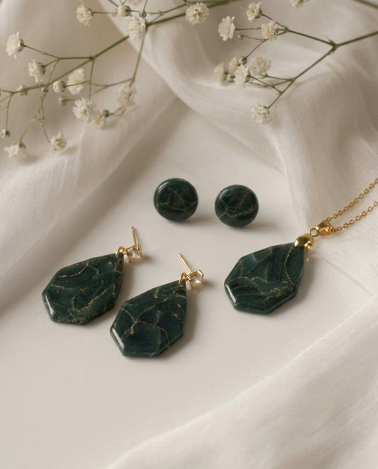 Grün Gold Marmor Ohrringe & Halskette – Elegantes Polymer Clay Set | Kollektion Verdora