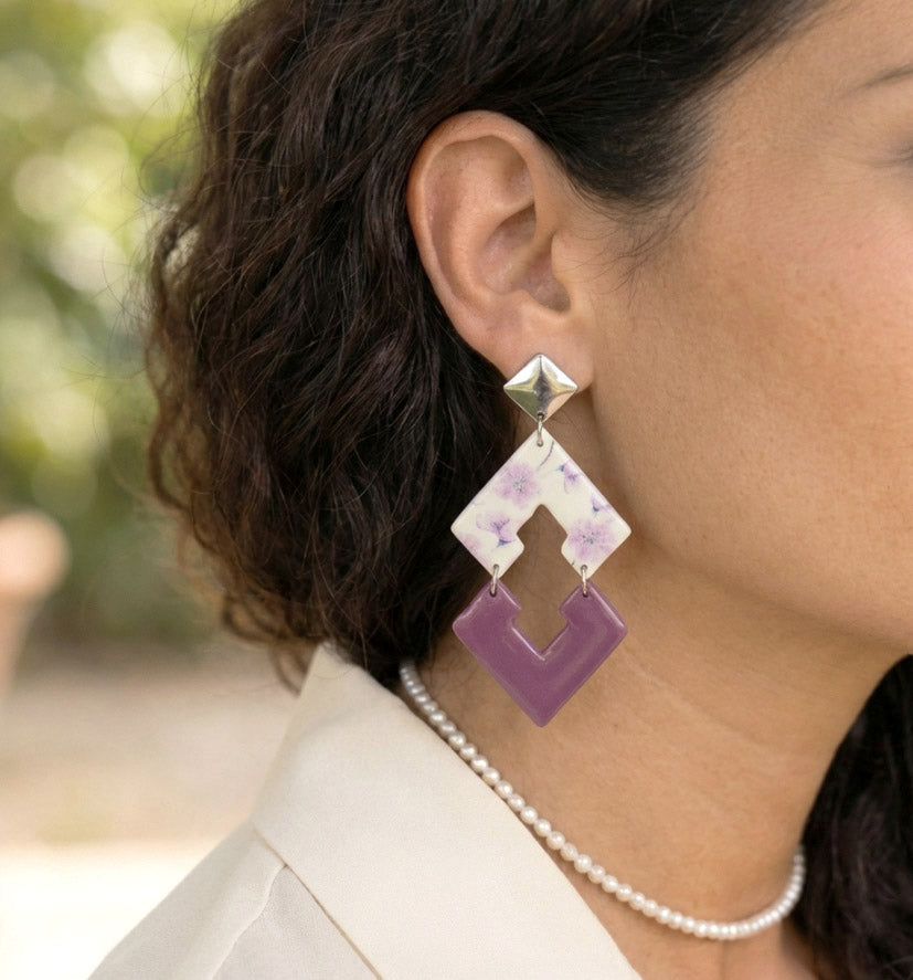 Florale Hängeohrringe – Kollektion Mauveline | Polymer Clay Statement Schmuck