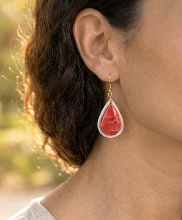 Rot-Weiß Marmor Tropfen Ohrringe – Handgefertigte Polymer Clay Schmuckset