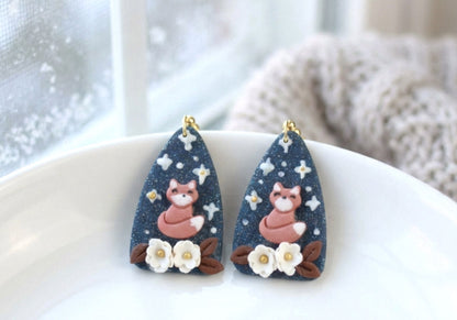 Fuchs unter Sternenhimmel Ohrringe – Handgefertigte Polymer Clay Statement Ohrringe